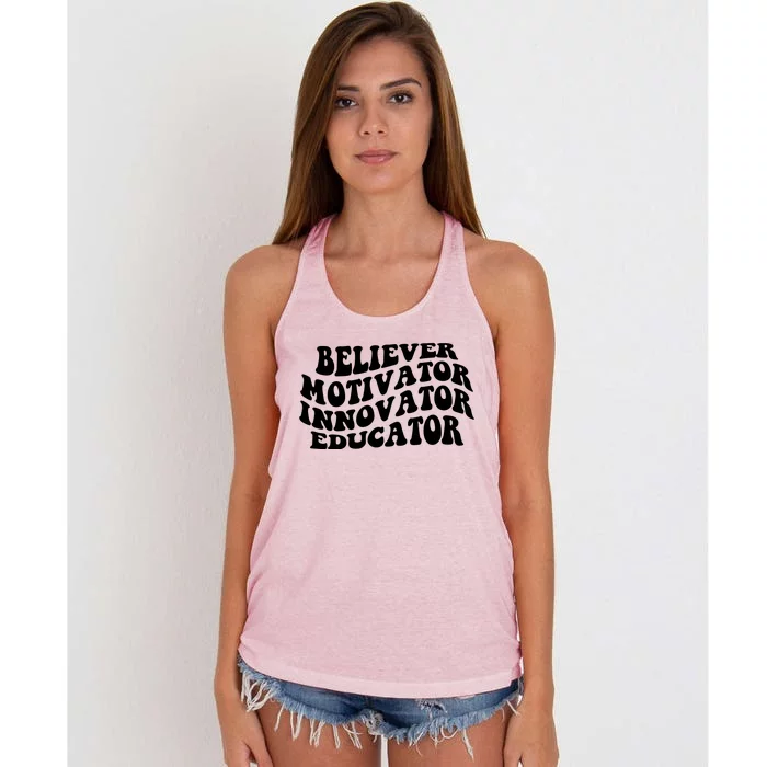 Believer Motivator Innovator Educator Retro Gift Women's Knotted Racerback Tank