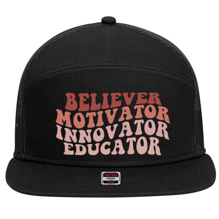 Believer Motivator Innovator Educator Retro Teacher Gifts 7 Panel Mesh Trucker Snapback Hat