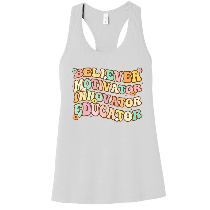 Believer Motivator Innovator Educator Retro Teacher Gifts Women's Racerback Tank