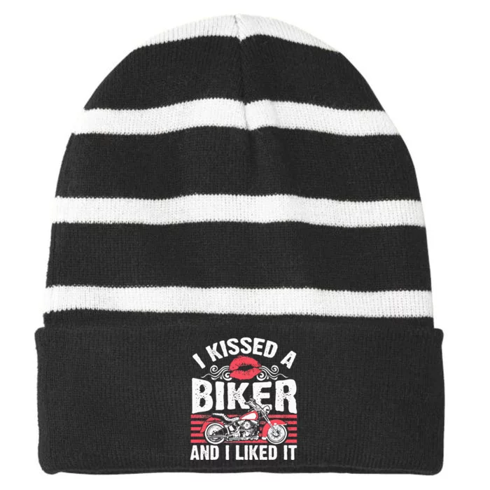 Bikers Motorcycling I Kissed A Biker And I Liked It Striped Beanie with Solid Band