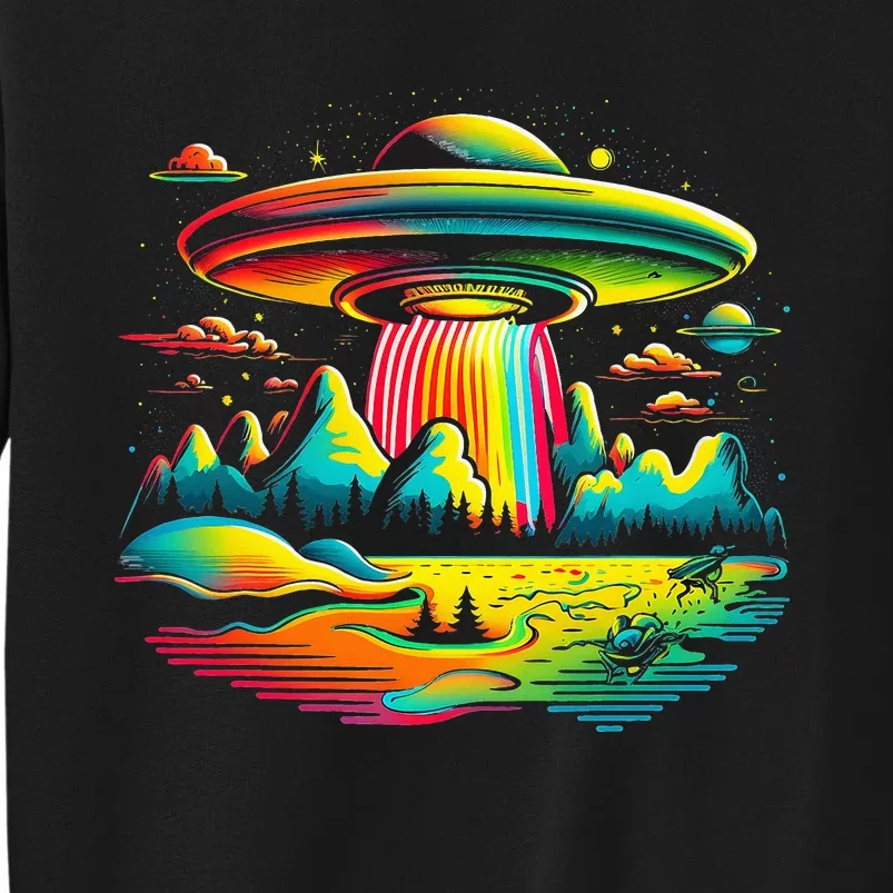 Bright Mountain Lake Camping Visitor UFO Alien Retro Sweatshirt