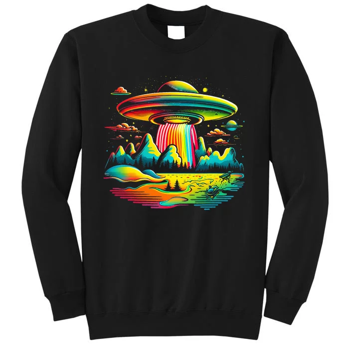 Bright Mountain Lake Camping Visitor UFO Alien Retro Sweatshirt