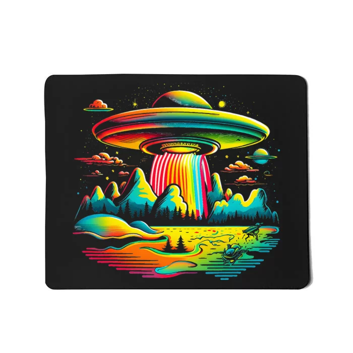 Bright Mountain Lake Camping Visitor UFO Alien Retro Mousepad