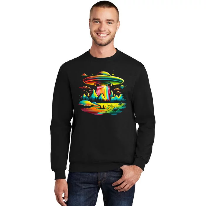 Bright Mountain Lake Camping Visitor UFO Alien Retro Tall Sweatshirt