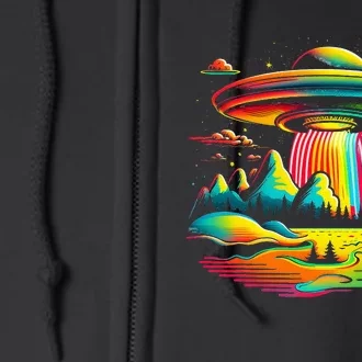 Bright Mountain Lake Camping Visitor UFO Alien Retro Full Zip Hoodie