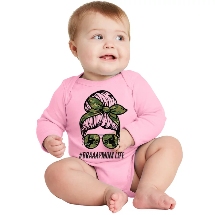 Braaap Mom Life Dirt Bike Motocross Messy Bun Dirt Bike Baby Long Sleeve Bodysuit