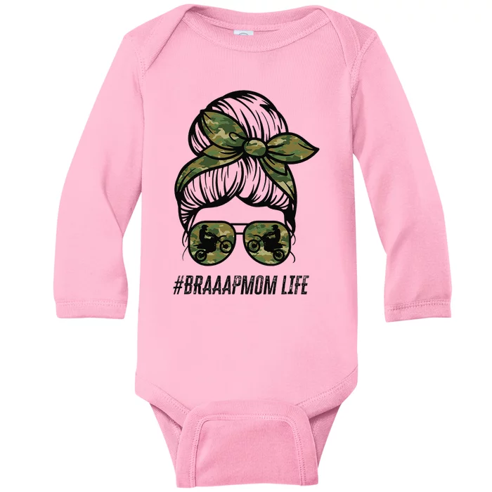 Braaap Mom Life Dirt Bike Motocross Messy Bun Dirt Bike Baby Long Sleeve Bodysuit