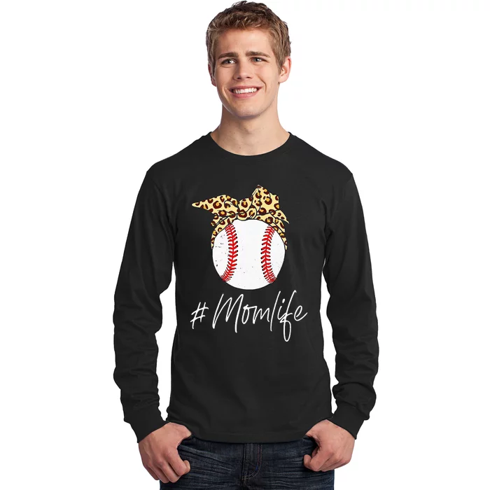 Baseball Mom Leopard Messy Bun Mother's Day Funny Long Sleeve Shirt