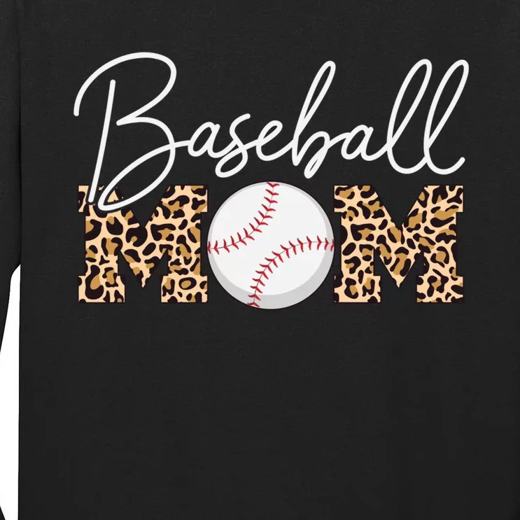 Baseball Mom - Leopard Print Cursive Script Tall Long Sleeve T-Shirt