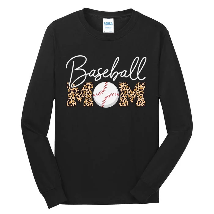 Baseball Mom - Leopard Print Cursive Script Tall Long Sleeve T-Shirt