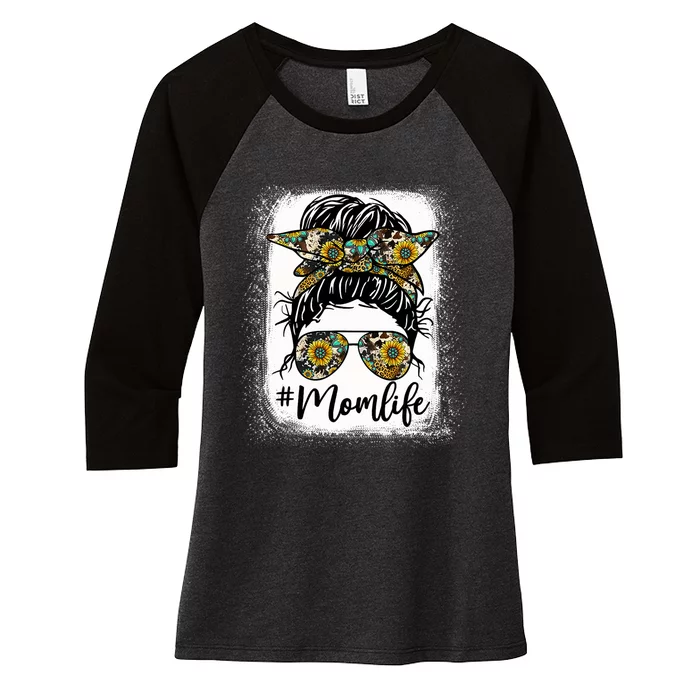 Bleached Mom Life Sunflower Mom Life Leopard Messy Bun Women's Tri-Blend 3/4-Sleeve Raglan Shirt