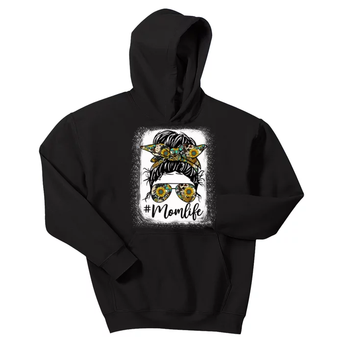 Bleached Mom Life Sunflower Mom Life Leopard Messy Bun Kids Hoodie