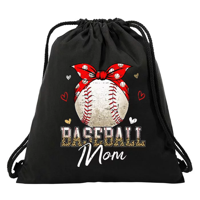 Baseball Mom Leopard Messy Bun Game Day Mothers Day Drawstring Bag