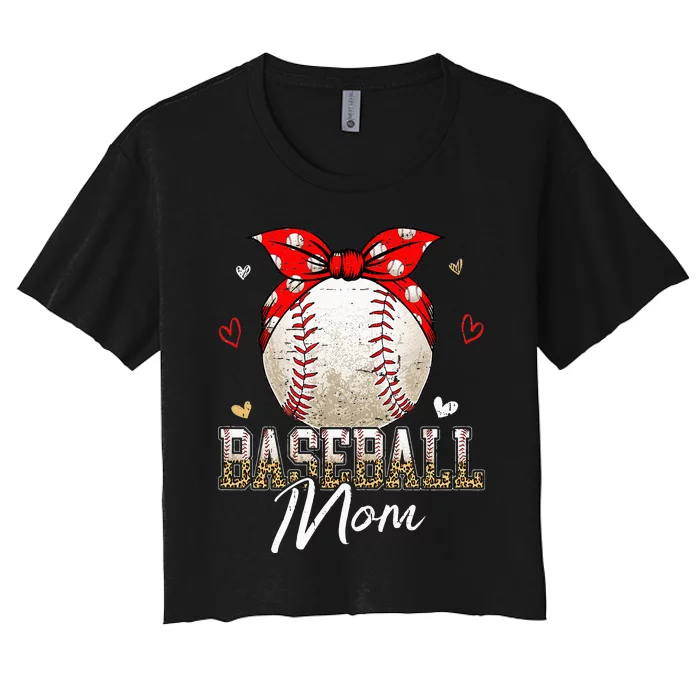 Baseball Mom Leopard Messy Bun Game Day Mothers Day Women's Crop Top Tee