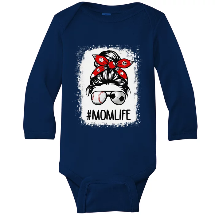 Bleached Mom Life Soccer Messy Bun Baseball Game Day Baby Long Sleeve Bodysuit