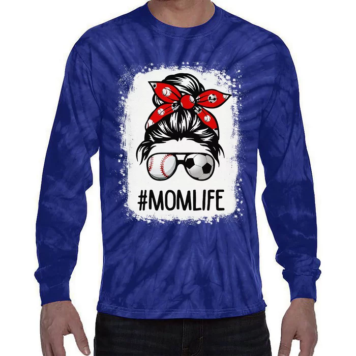 Bleached Mom Life Soccer Messy Bun Baseball Game Day Tie-Dye Long Sleeve Shirt