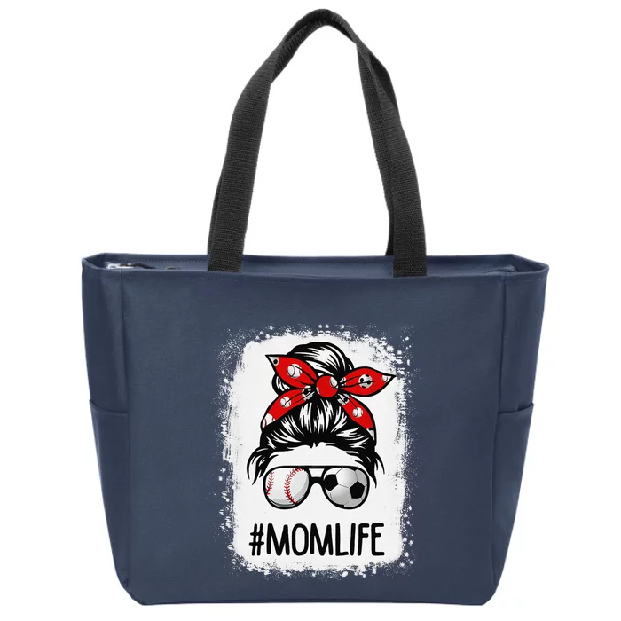 Bleached Mom Life Soccer Messy Bun Baseball Game Day Zip Tote Bag