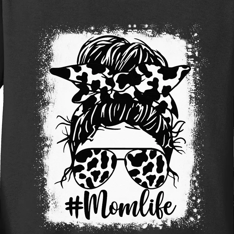 Bleached Mom Life Cow Heifer Messy Bun Kids Long Sleeve Shirt