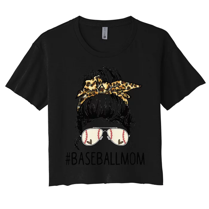 Baseball Mom Leopard Messy Bun Mother's Day Women's Crop Top Tee