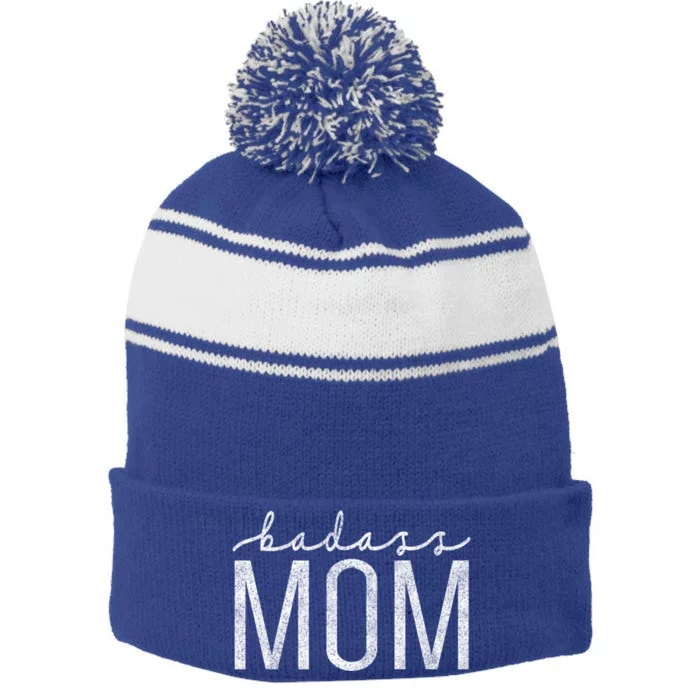 Badass Mom Mama Strong As A Mother Funny Vintage Mom Cute Gift Stripe Pom Pom Beanie