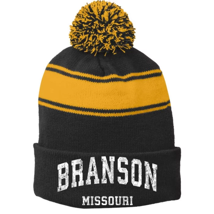 Branson Missouri Mo Vintage Varsity Sports Stripe Pom Pom Beanie