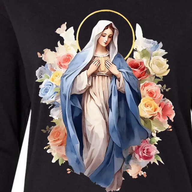 Blessed Mother Mary Mother Of Jesus Roses Our Lady Catholic Womens Cotton Relaxed Long Sleeve T-Shirt