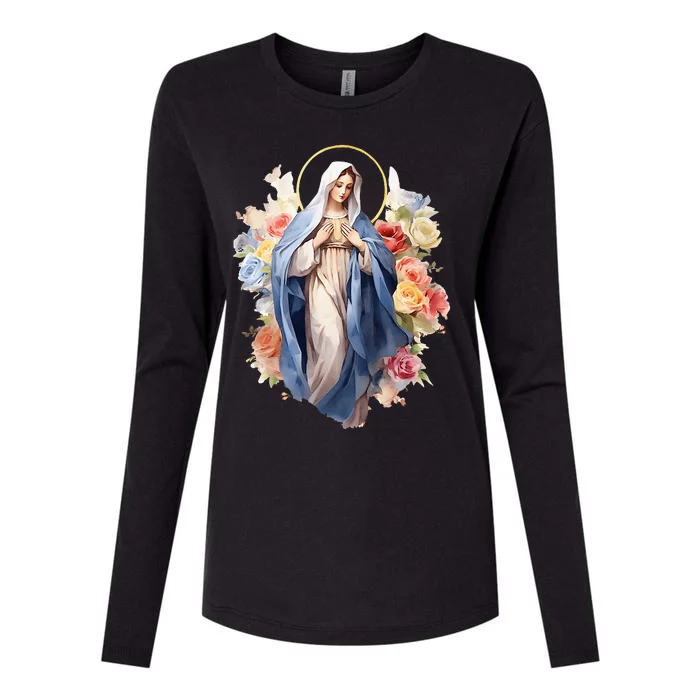 Blessed Mother Mary Mother Of Jesus Roses Our Lady Catholic Womens Cotton Relaxed Long Sleeve T-Shirt