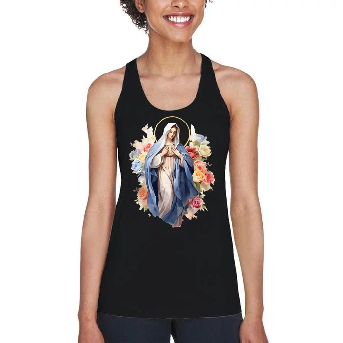 Blessed Mother Mary Mother Of Jesus Roses Our Lady Catholic Women's Racerback Tank