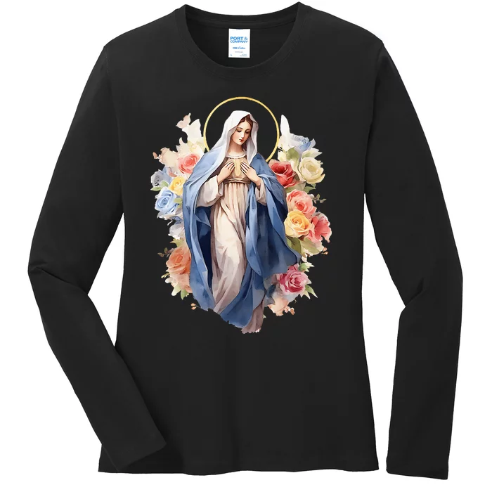 Blessed Mother Mary Mother Of Jesus Roses Our Lady Catholic Ladies Long Sleeve Shirt