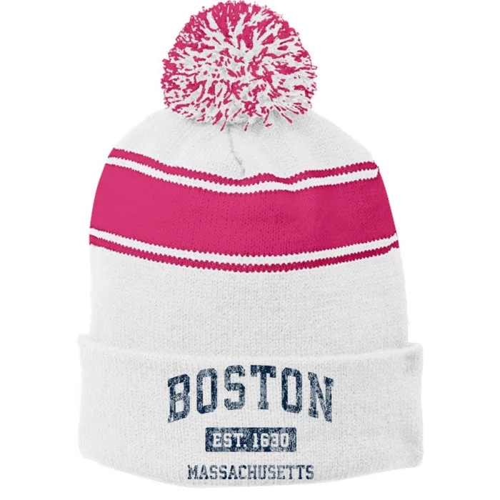 Boston Massachusetts Ma Vintage Sports Design Stripe Pom Pom Beanie