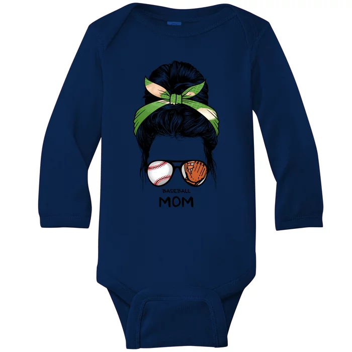 Baseball Mom Messy Bun Mom Life Mother's Day Baby Long Sleeve Bodysuit