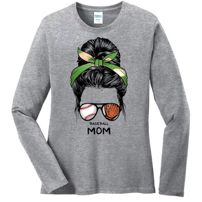 Baseball Mom Messy Bun Mom Life Mother's Day Ladies Long Sleeve Shirt