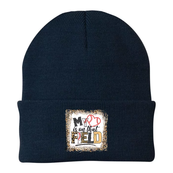 Baseball Mom My Heart Is On That Field Bleached Leopard Cute Gift Knit Cap Winter Beanie