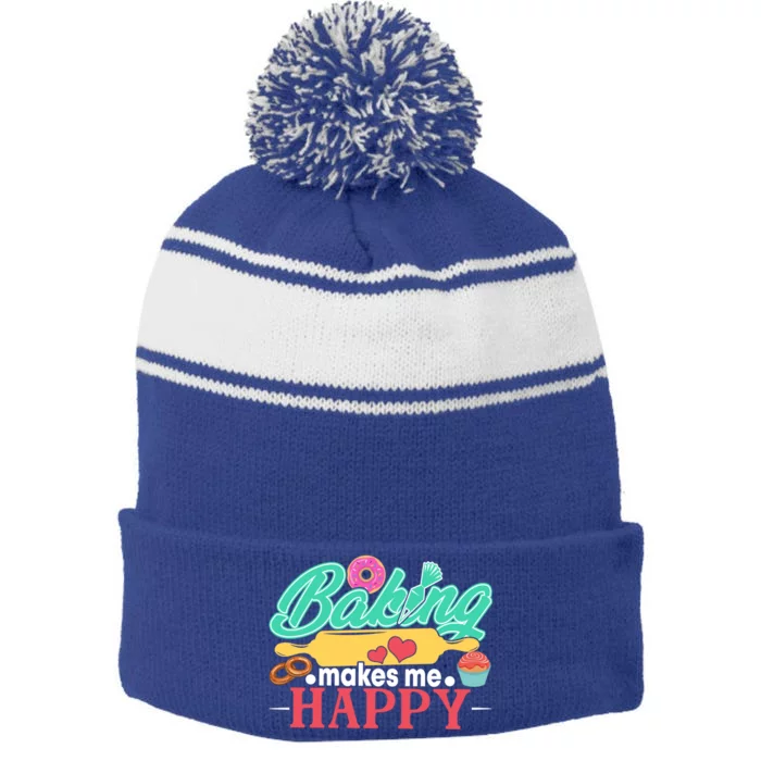 Baking Makes Me Happy Bakers Funny Funny Gift Stripe Pom Pom Beanie