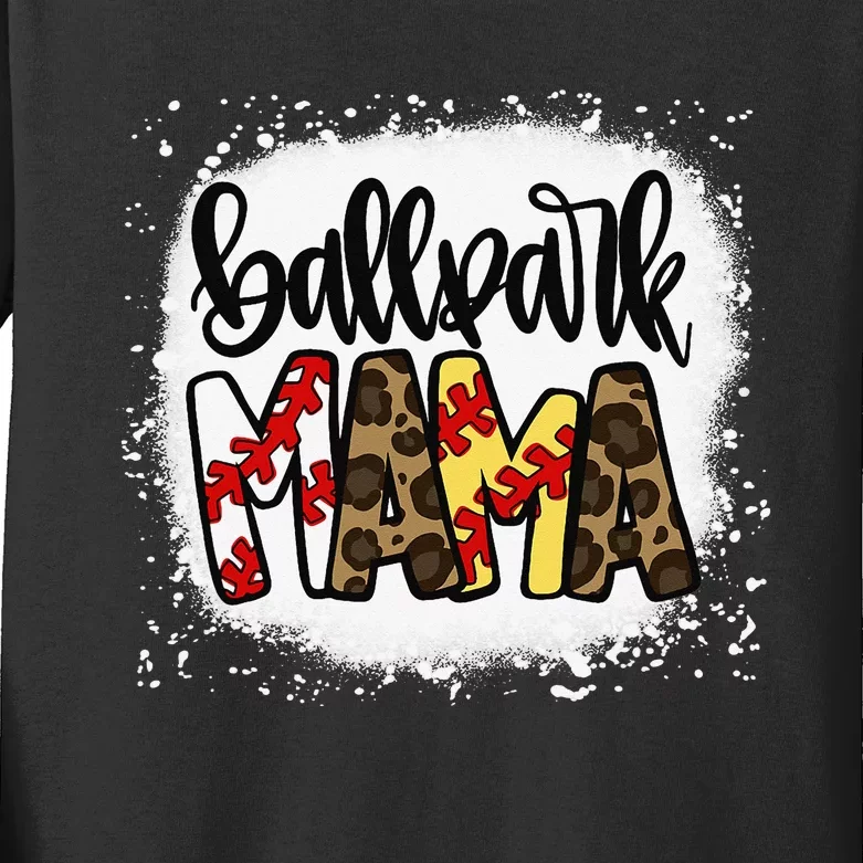 BallPark Mom Mama Baseball Softball Mother's Day Bleached Kids Long Sleeve Shirt