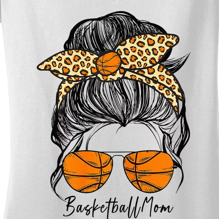 Basketball Mom Messy Bun Proud Mama Basketball Sunshades Women's V-Neck T-Shirt