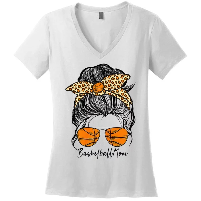 Basketball Mom Messy Bun Proud Mama Basketball Sunshades Women's V-Neck T-Shirt