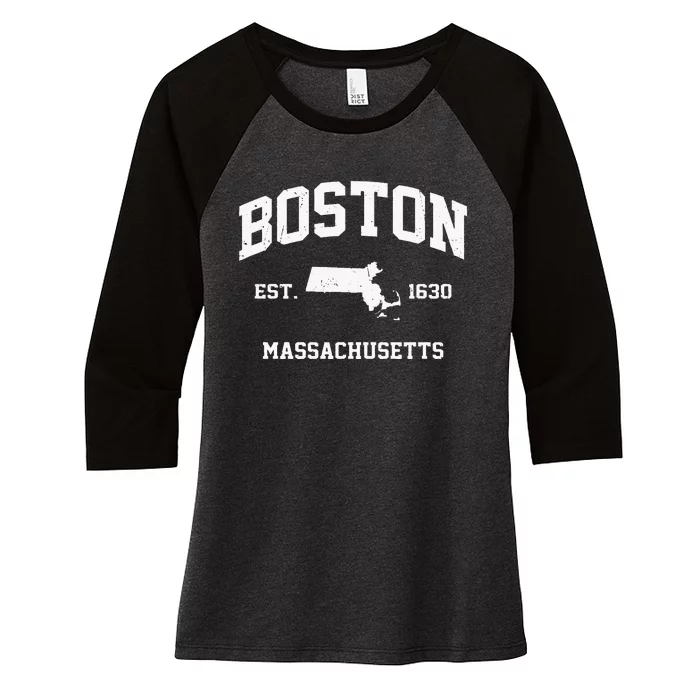 Boston Massachusetts MA Vintage State Athletic Style Women's Tri-Blend 3/4-Sleeve Raglan Shirt