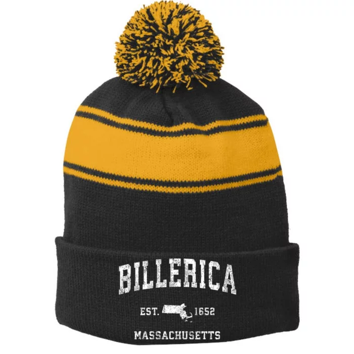 Billerica Massachusetts Ma Vintage Athletic Sports Stripe Pom Pom Beanie