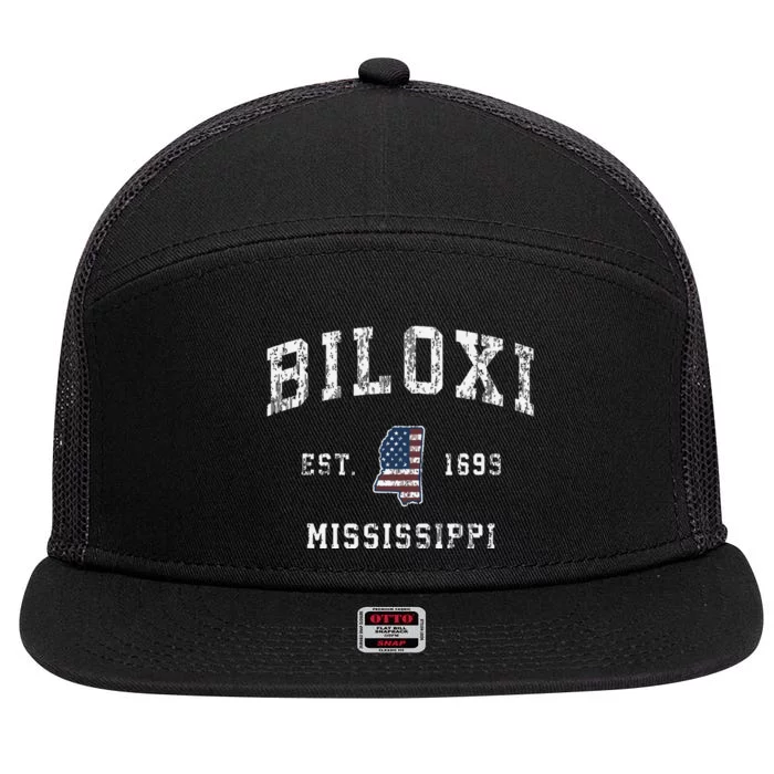 Biloxi Mississippi Ms Vintage American Flag Sports Design 7 Panel Mesh Trucker Snapback Hat