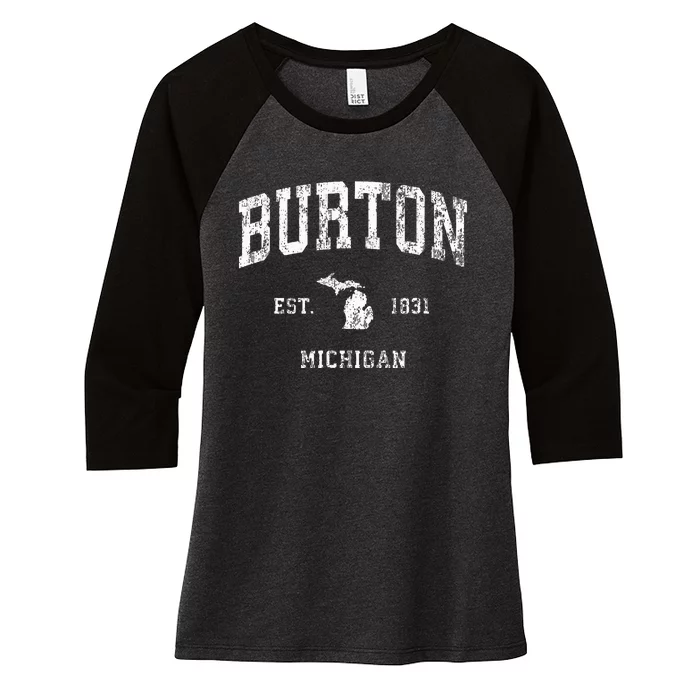 Burton Michigan MI Vintage Athletic Sports Women's Tri-Blend 3/4-Sleeve Raglan Shirt