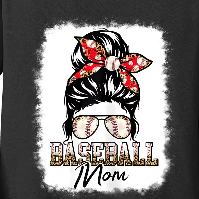 Baseball Mom Messy Bun Mama Baseball Game Day Mothers Day Kids Long Sleeve Shirt