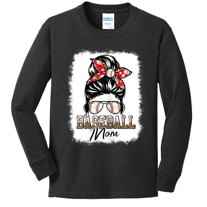 Baseball Mom Messy Bun Mama Baseball Game Day Mothers Day Kids Long Sleeve Shirt