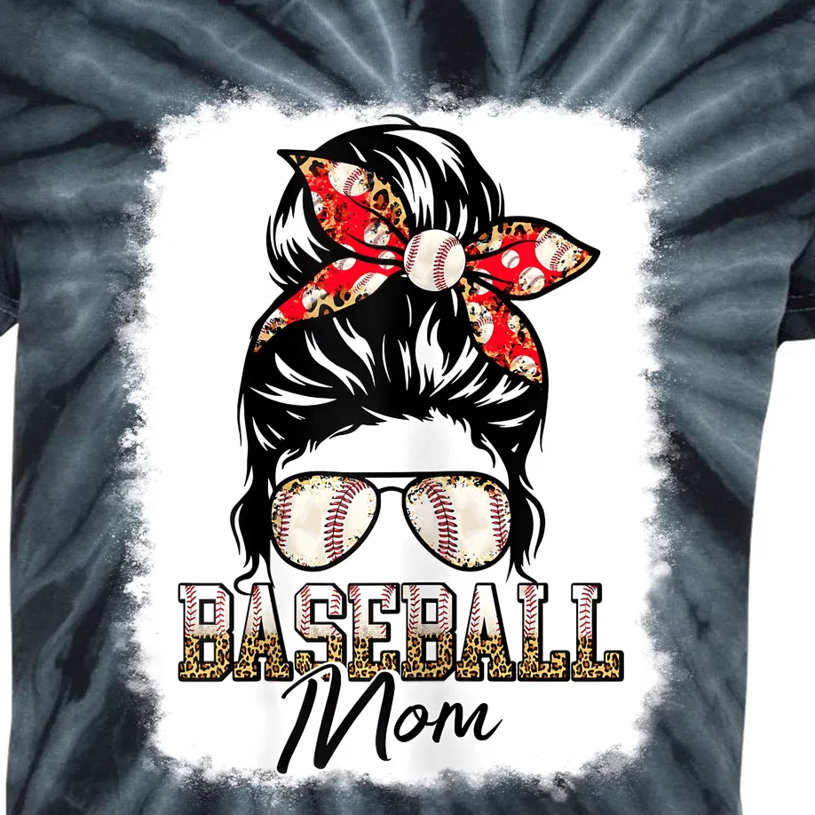 Baseball Mom Messy Bun Mama Baseball Game Day Mothers Day Kids Tie-Dye T-Shirt