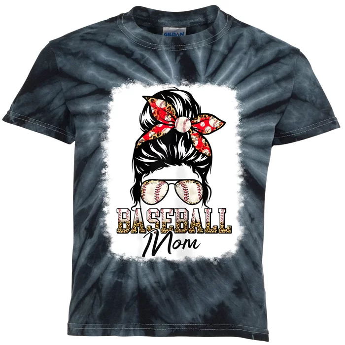 Baseball Mom Messy Bun Mama Baseball Game Day Mothers Day Kids Tie-Dye T-Shirt