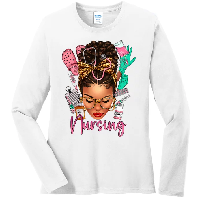 Black Melanin Nurse Black History Month Afro Hair Ladies Long Sleeve Shirt