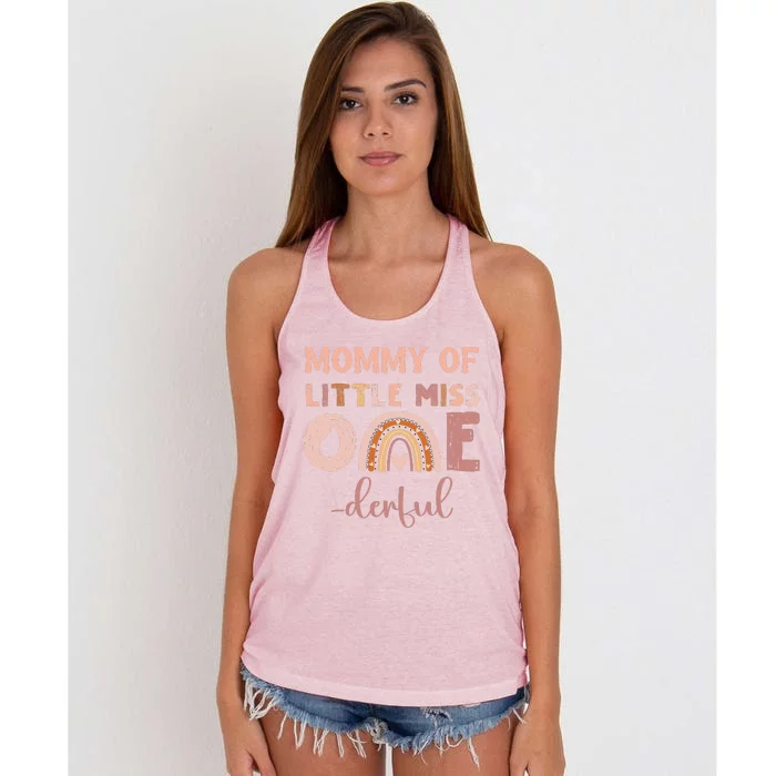 Boho Mommy Of Miss Onederful 1st Birthday Girl Cute Rainbo Women's Knotted Racerback Tank