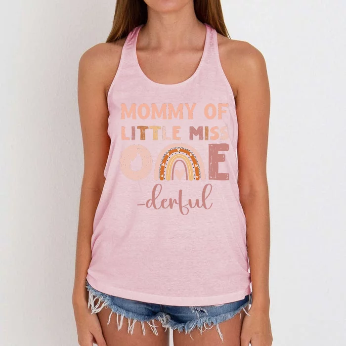 Boho Mommy Of Miss Onederful 1st Birthday Girl Cute Rainbo Women's Knotted Racerback Tank