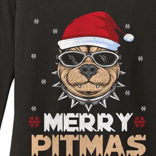 Backprint Merry Pitmas Pitbull Christmas Hat Gift Womens CVC Long Sleeve Shirt