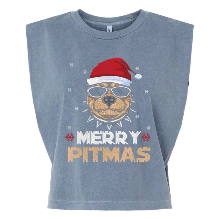 Backprint Merry Pitmas Pitbull Christmas Hat Gift Garment-Dyed Women's Muscle Tee